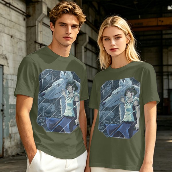 Olive T-Shirt Featuring Princess Mononoke Wolf Artwork