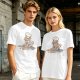 Olive T-shirt with a stressed cartoon cat baking cookies