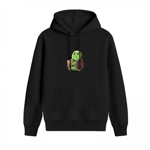 Black Hoodie With Cute Turtle Holding Coffee Cup Graphic