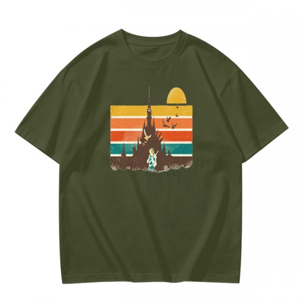 Olive T-Shirt With Retro Sunset Fantasy Castle Graphic