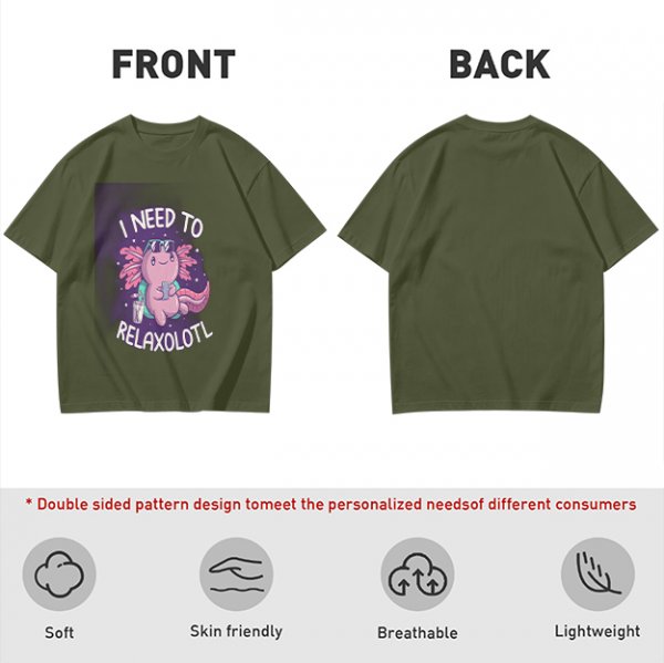 Olive t-shirt with axolotl 'I need to relaxolotl' graphic