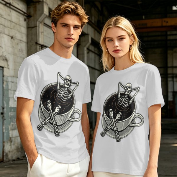 Olive T-shirt with skeleton relaxing in coffee cup graphic