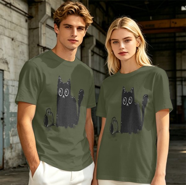Olive Green T-Shirt With Cute Surprised Black Cat And Bell Print