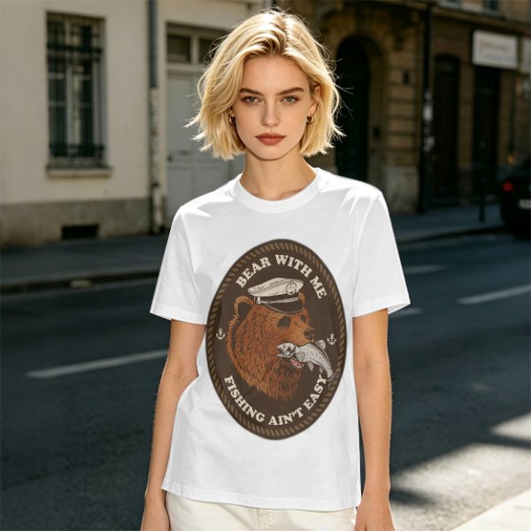 Olive t-shirt with bear captain fishing pun graphic