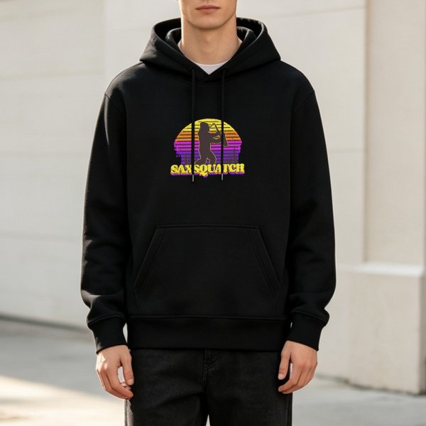 Sasquatch Playing Saxophone Retro Sunset Graphic Hoodie