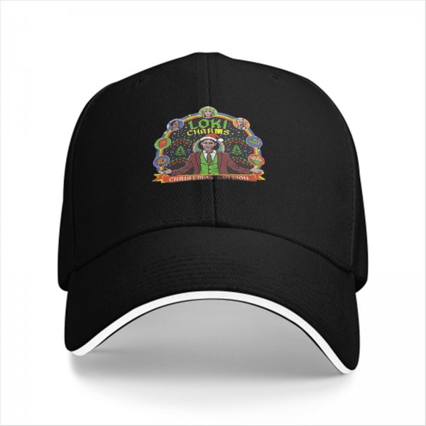 Black baseball cap with Loki Charms Christmas edition graphic