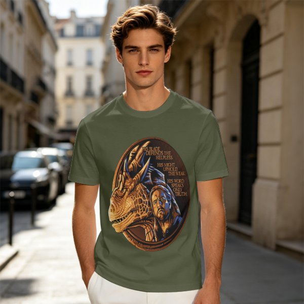 Olive T-Shirt With Dragon And Warrior Fantasy Art Print
