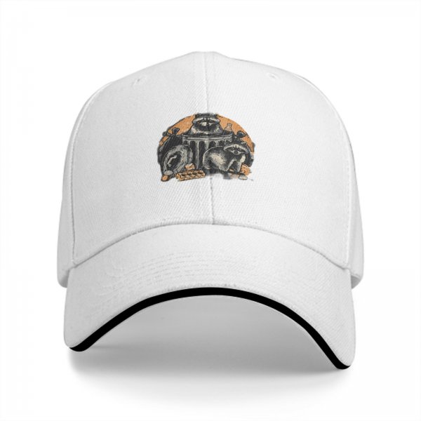 Black baseball cap with raccoons in trash graphic design