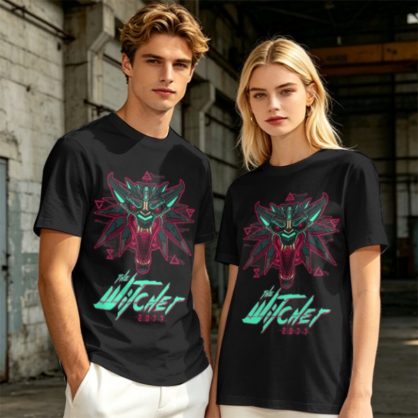 Olive T-Shirt With Cyberpunk Witcher Wolf Emblem Print