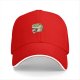 Black baseball cap with cute T-rex holding coffee graphic