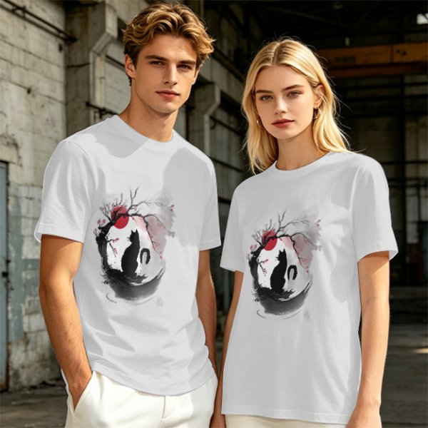 Olive T-Shirt with Japanese Style Cat and Red Sun Art Print