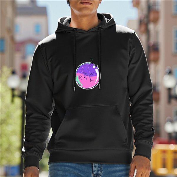 Black hoodie with sleeping cats in a bubble graphic