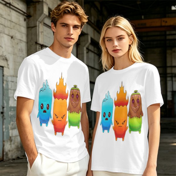Olive T-Shirt With Cute Water Fire And Earth Elemental Characters