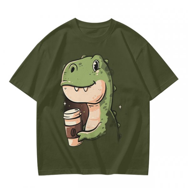 Olive T-shirt with Cute Dinosaur Holding Coffee Print