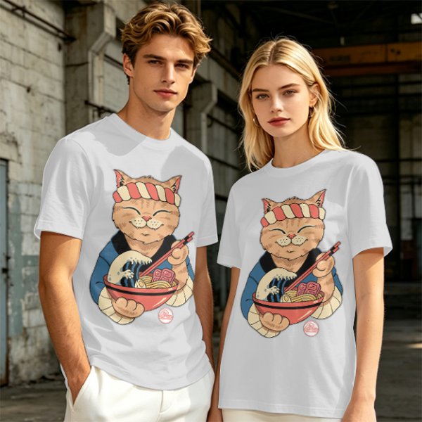 Olive T-Shirt with Japanese Ramen Chef Cat Graphic