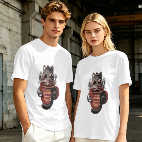 Olive t-shirt with a cartoon cat and coffee cup graphic