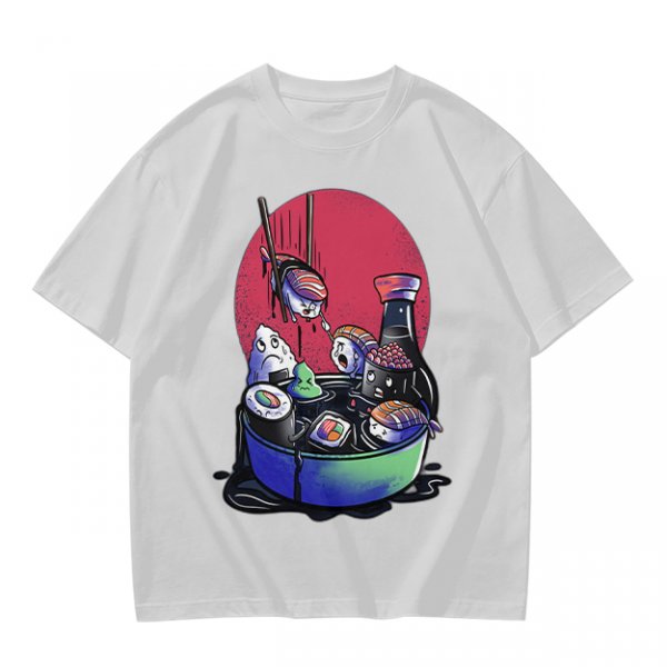 Olive T-Shirt With Anxious Sushi Characters In Soy Sauce Bowl Print