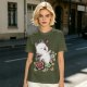 Olive T-Shirt Featuring Cute Fantasy Creature and Floral Art