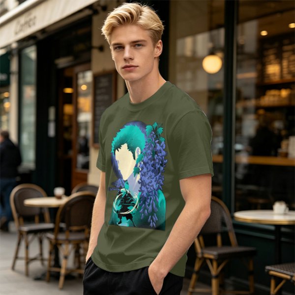 Anime Character Silhouette Wisteria Floral Graphic Olive T-Shirt