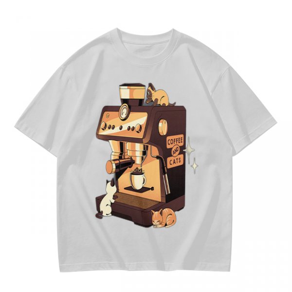 Olive t-shirt with espresso machine and cats graphic