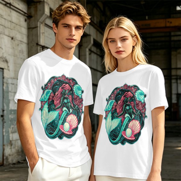 Olive T-Shirt With Mermaid And Seashell Graphic Print