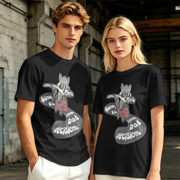Olive graphic tee with raccoon driving car and 'Way to make bad decisions' text