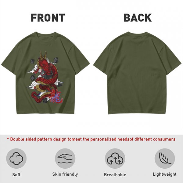 Olive T-shirt with Red Chinese Dragon and Cloud Graphic Print