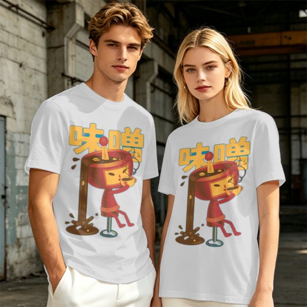Olive green t-shirt with whimsical miso character graphic print