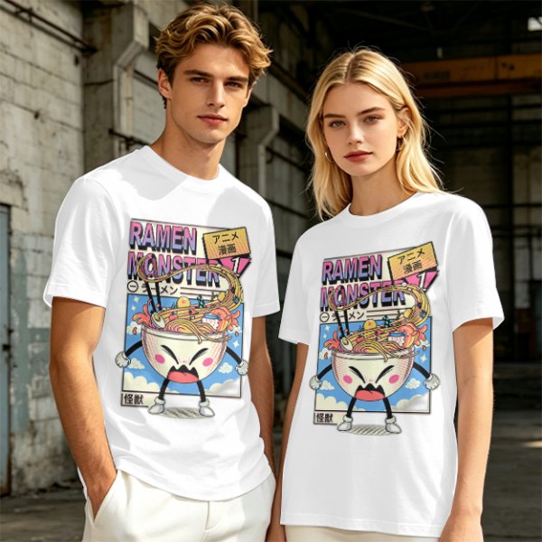 Olive green t-shirt with ramen monster anime graphic print