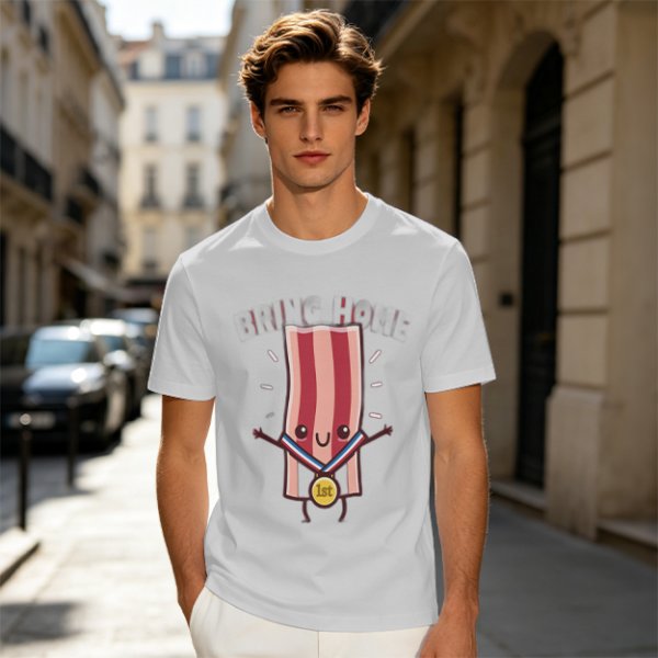 Olive T-Shirt With Cartoon Bacon Champion Medal Print