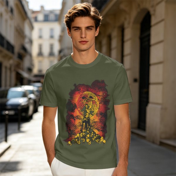 Olive T-Shirt With Fiery Skull Warrior Graphic Print