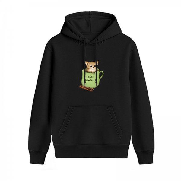 Black hoodie with a chihuahua in a green tea cup graphic