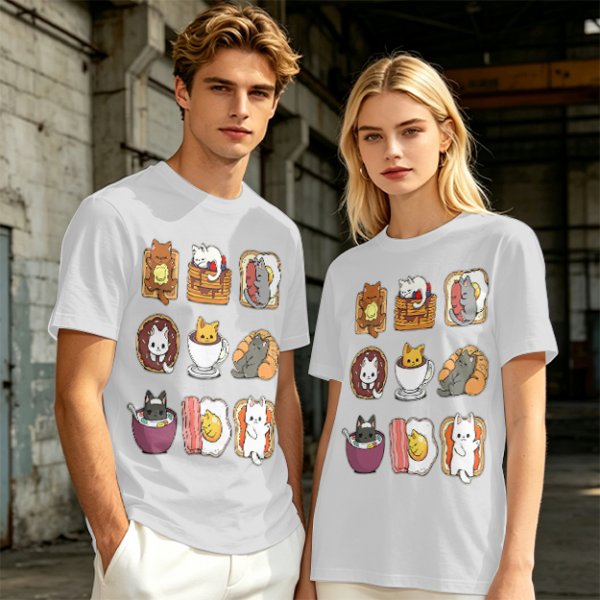 Olive T-Shirt With Cute Breakfast Cat Graphic Print