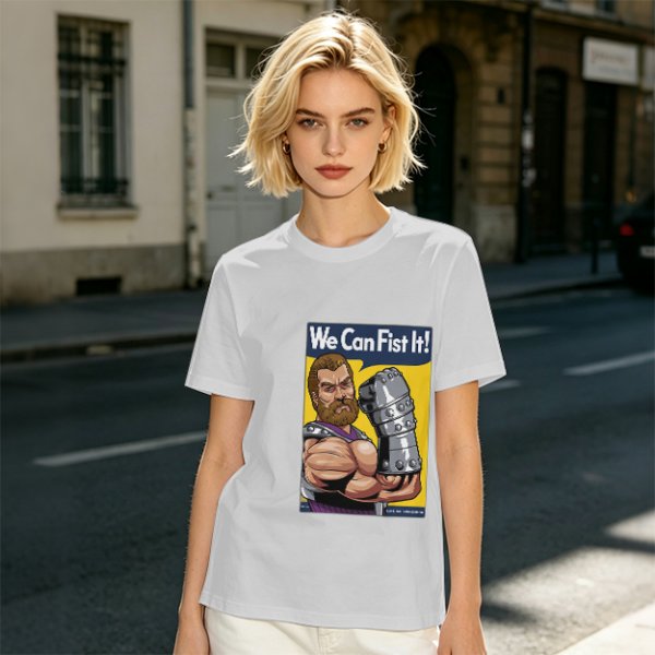 Olive graphic t-shirt with We Can Fist It! armored warrior print