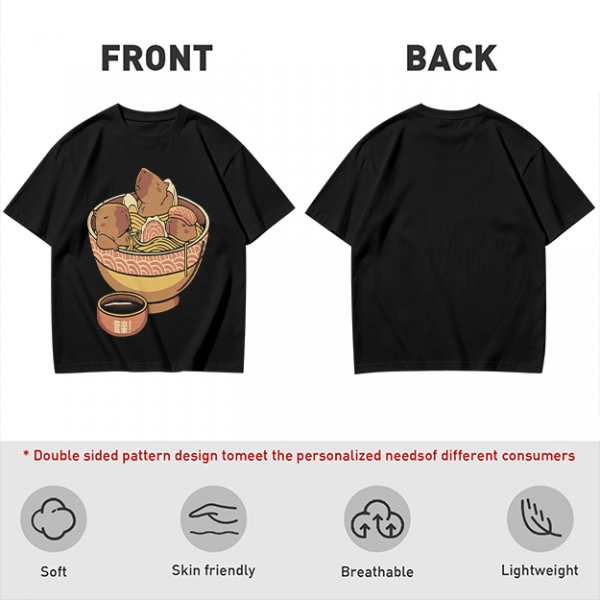 Olive Green T-Shirt With Capybara Ramen Bowl Print