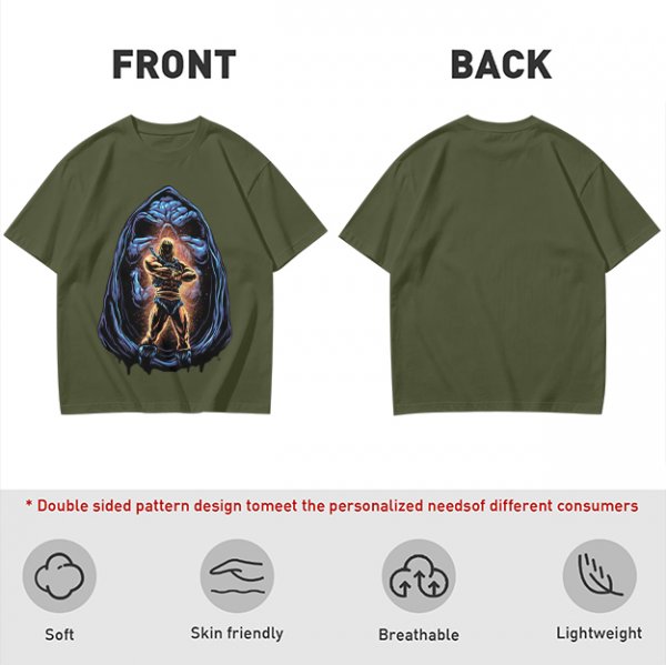 Olive T-Shirt with Muscular Hero Emerging from Hooded Figure Art