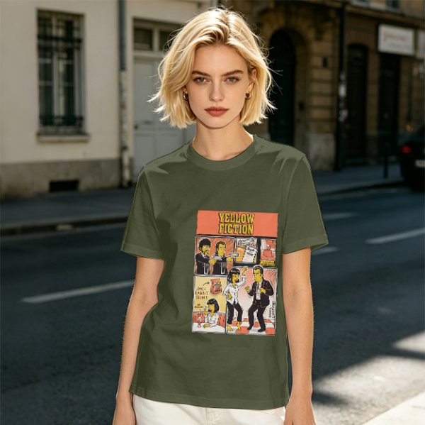 Olive green t-shirt with Yellow Fiction Simpson-style Pulp Fiction dance print
