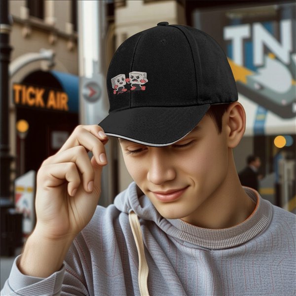 Black baseball cap with cartoon fighting tofu characters graphic