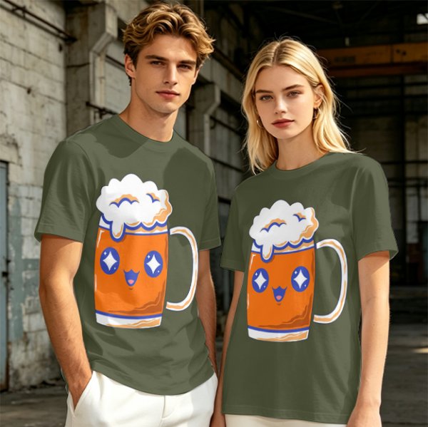 Olive T-Shirt With Cute Kawaii Beer Mug Graphic