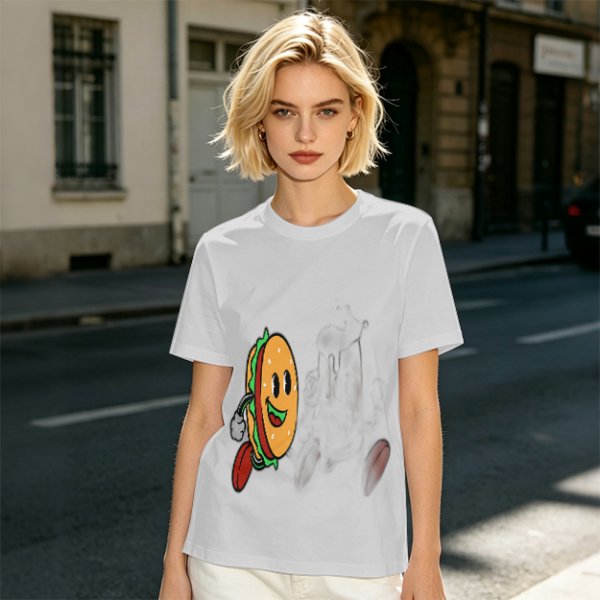 Olive T-Shirt With Cartoon Running Hamburger Character Print
