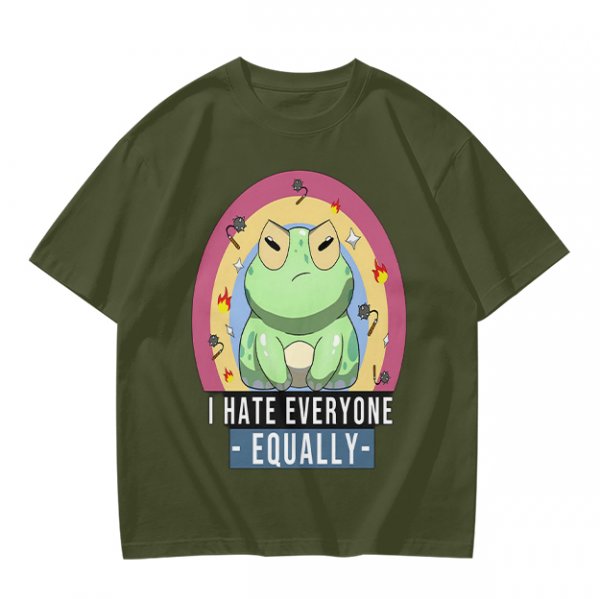 Olive T-Shirt With Grumpy Frog 'I Hate Everyone Equally' Print