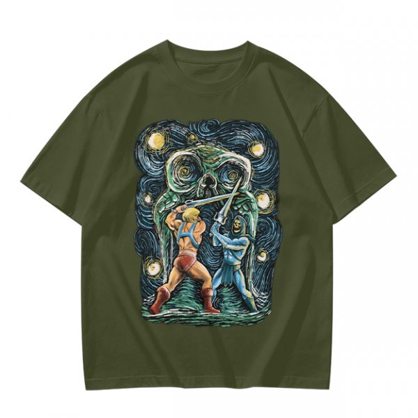 Olive T-shirt with Starry Night Style He-Man vs Skeletor Art