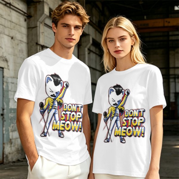 Olive graphic t-shirt with cat Freddie Mercury 'Don't Stop Meow' print
