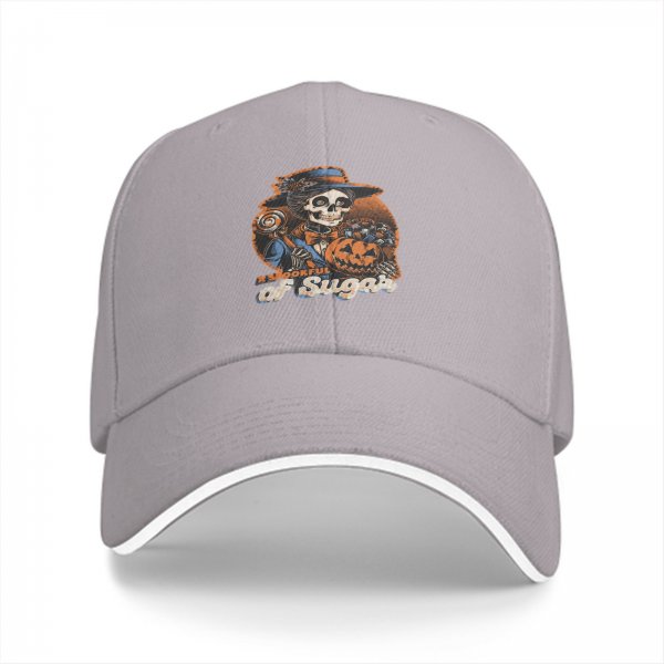 Black baseball cap with spooky sugar skeleton pumpkin graphic