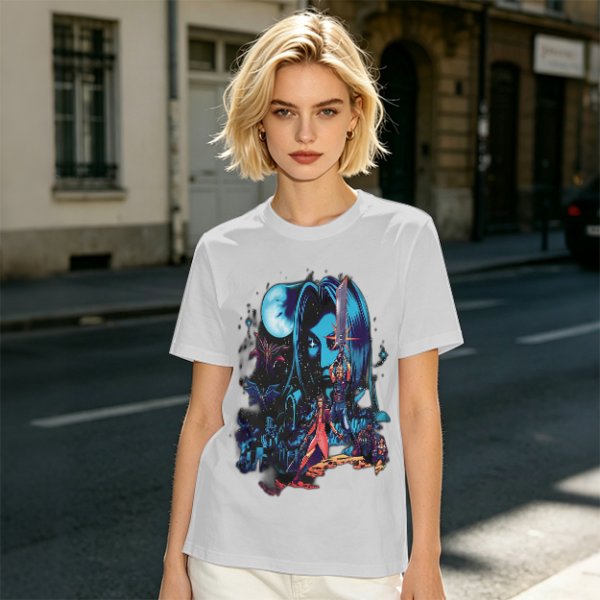 Olive T-shirt with fantasy warrior and moon graphic print
