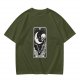 Olive t-shirt with The Moon tarot card skeleton and crescent moon print