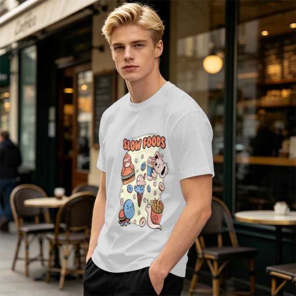 Olive green graphic t-shirt with slow foods animal fast food mashup print