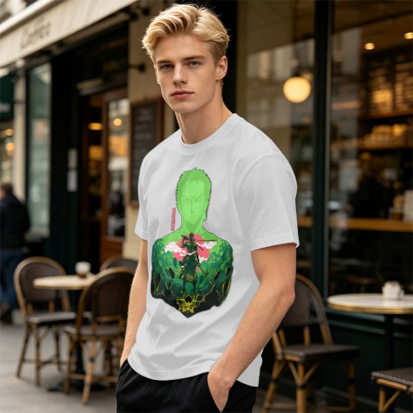Olive Anime T-Shirt With Samurai Warrior Silhouette Art