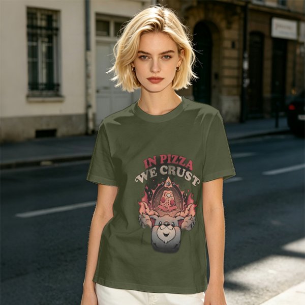 Olive T-Shirt With 'In Pizza We Crust' Pizza Dog Graphic