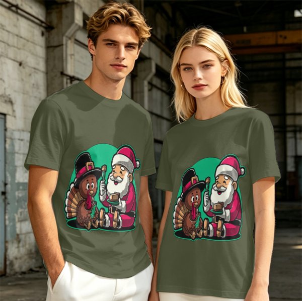 Olive T-Shirt with Santa and Thanksgiving Turkey Graphic